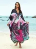 Robes de taille plus causale Imprimé V Col 2024 Spring été à manches longues Loose Kaftan Femmes Vêtements plage Porte maxi Q1588