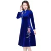 Casual Dresses Velvet Dress Chinese-style Embroidery Elegant Floral Embroidered A-line Warm Stylish For Prom Or Evening Parties