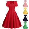 H Womens Elegant Retro Dress Lapel Kort ärm Slim Fit Pure Color A Line