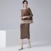 Work Dresses Miyake Pleated Skirt Suit Gold Velvet 2024 Winter High-end Temperament Thin Hit Color Beading Two-piece Clothing