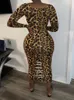 Robes décontractées Leopard Imprimé serré ajusté sexy robe de mode de mode de la mode pour femmes brûlant Bodycon Long Sleeve Vestido Midi Robe