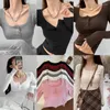 Women's T Shirts Miiiix 2024 Versatile Long Sleeved T-shirt Design With Button Square Neck Slim Fit Knitted Tee Top Female Clothing