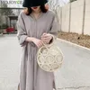 Drawstring Handmade Summer Beach Women Straw Shoulder Bag Ladies Round Hollow Travel Daily Woven Handbag Holiday Knit Cotton Linen Totes