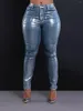 Женские джинсы Мода Металлик с высокой талией джинсовые брюки Женские сексуальные ночные клуб панк растягивает тошная брюки весенняя уличная одежда повседневная