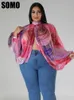 Somo plus size mode kvinnor rund hals öppen rygg chiffong spetsar upp långärmad gradient tryck topp grossist droppe 240419