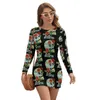 Vestidos casuais vestido de crânio mexicano manga longa férias apertadas bodycon meninas padrões spandex feminino de uma peça