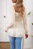 Women's T Shirts Slim Solid Colour Pullover Shirt Square Neck Smocked 3/4 Lantern Sleeves Chiffon Streaks Tops Autumn Fashion Blouse 2024