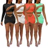 Robes de travail Femmes Set Mesh Patchwork Hollow Out Tracksuit One épaule Top à manches complètes Mini Mini Piece élastique Two Piece