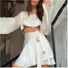 Casual Dresses Summer Girl Solid Color kjol Set Halter and Drawstring Ruched Crop Top Elasticated midje veckad