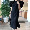 Casual Dresses Vintage Wrap Hip Black Tweed Bubble Kort ärmfiskklänning Vestido Elegant Y2K Suit Robe Femme Beach Summer