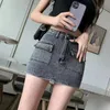 Seksowna dziewczyna ciasne krótkie spódnice żeńska koreańska dżinsowa spódnica z wysokiej talii Kobiety Summer Slim Side Split Blue Mini 240420