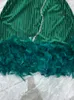 Vestidos casuais Aleseen Designer de moda Mini Velvet Dress for Women Spring Autumn Turtleneck Manga longa Feathers Belt Strip Green Black