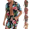 メンズファッションプリントセットラペル半袖カジュアルシャツビーチショーツ2PC/セット夏休みハワイアンスーツレジャーウトウェア240420