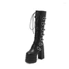 Boots High Heeled Women Heart Buckle Sassy Platform Shoes Lace Up Knee Trendy Punk Goth Cool Designer 2024 Winter