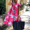 Plussize Dress Round Neck Pink Maple Leaf Loose Casual Beach Elegant Dresses Midi Fashion 240409