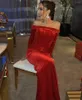 Party Dresses Elegant Long Red Velvet Evening With Sleeves Sheath Boat Neck Floor Length Zipper Formal Occasion Prom For Women