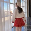 Ladies Christmas Suit Two Piece Set Thick Winter Red Tweed Lattice Chic Jacket Warm Plaid A-Line Pleated Kirt Kolit Kvinnlig 240419