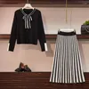 Work Dresses Plus Size 2024 Autumn Knitted Sweaters 2 Piece Set Womens Lace-up Bow Pullover Tops Striped Long Skirt Two Knit Suit