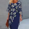 Printed Patchwork Chiffon Aline Dress Elegant Oneck 34 Sleeve Commuting Vintage Slim Party Dresses Vestidos 240411