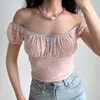 Dames t shirts go meisje zelfgemaakte roze kanten patroon plooerende grote u-neck t-shirt vrouwelijke zomer puff puff mouw slanke korte mouwen tops