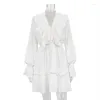 Casual Dresses White Dress Women High Waist Ruffles V Neck Long Flare Sleeve Tight Y2k Mini Maxi Pleated Elegant Splice Vestidos