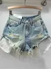 Kvinnors shorts Kvinnlig trend Vintage Hole Burrs denim Shorts Womens High Strt Patchwork Loose Wide Ben Short Jeans 2024 Summer Shorts Y240420