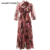 Robes décontractées Maryyimei Fashion Designer Robe Spring Summer Femmes Pink Bow Collar rose Rose Imprimestre floral élégant en mousseline de soie