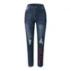 Women's Jeans Button High Waist Elastic Slim Strap Hole Wintersweet Printing Trousers Denim Pants