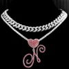 Pendant Necklaces Iced Out Pink Crystal Cursive Letters Miami Cuban Link Choker Necklace Women Men Punk Chunky Chain Necklaces Wholesale Y240420