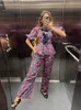 Printed Puff Sleeves Top 2 Piece Set For Women Fashion Lace Up Ruffled Shirt Pants Suits 2024 Office Lady High Streetwear 240420