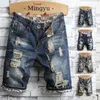 Markenkleidung Sommer Ripped Loch Denim Shorts Männer Baumwolle dünne gerade Retro Biker Knie Länge kurze Jeans Männlich Streetwear 240416