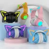 Earphones New Cute Fashion Girl Wireless Bluetooth Cat Ear Headset Hd Mic Rgb Lighting Virtual 7.1 Channel Stereo Music Game Headphone