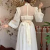 Abiti casual Niggeey Courtly Beige Vintage in chiffon Abito Donne Lace Lace in piedi Collar Fairy Big Swing Elegante Principessa