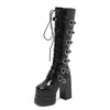 Boots High Heeled Women Heart Buckle Sassy Platform Shoes Lace Up Knee Trendy Punk Goth Cool Designer 2024 Winter
