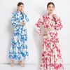 Abiti casual Runway di alta qualità abiti lunghi Donne Stand Stand Collar Lantern Sheshes Blue Red Flower Print Party Vestidos M5092