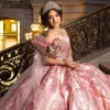 Rosa von der Schulterperlen Quinceanera Kleider Pailletten Appierte Appierte Spitzen Korsett Vestidos de 15 Anos