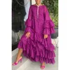 Plus Size Casual Dress Fuchsia Ruffle Print Flare Sleeve Maxi 240419