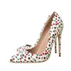 Dress Shoes Red Cherry Print Sexy Pumps 12 Cm High Heels Woman Party Wedding Pointed Toe PU Leather White YG007 ROVICIYA