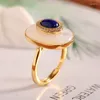 Cluster Rings S925 Sterling Silver för kvinnor Fashion Contrast Colored White Shell Lapis Lazuli Chalcedon Micro Zircon