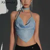 Women's Tanks Camis Xmilo Y2K Shinny Backless Tank Top Sexy Dp V-neck Bandage Halter Crop Tops Aesthetic Irregular Shape Skinny Slim Women Camis Y240420