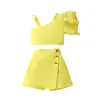 Kleidungssets Fokusnorm 1-6y Fashion Kinder Mädchen Kleidung Set Rufft eine Schulterhülse Weste mit soliden Shorts Sommer-Outfit
