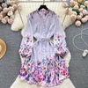 Casual Dresses Fashion Dress for Women Stand Print Belt Puff Sleeve Vestidos Female Single Breasted Button French Spring Dropship