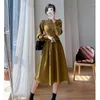 Casual Dresses Autumn Vintage Knitted Women French Elegant Chic Pearl Beading Half High Collor Long Sleeve Retro Midi A Line Dress 2024