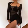 Casual Dresses Black Mesh Mini Dress Women Sexig Split See Through Beach Summer Fashion Bandage långärmad bikini täcker 2024 strandkläder