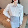 Women's Blouses 2024 Spring Korean Peals Beading Blouse Clothing Solid Elegant Fashion Lapel Long Sleeve Cotton White Shirt Ladies Tops