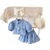 Clothing Sets 2024 Summer Children's Wear Girl's Fashion Cowboy Bubble Sleeve Top With Half Skirt Two Piece Set