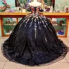 Svart glänsande älskling quinceanera klänningar från axel paljett applikation spets kapell tåg korsett prom vestido de debutante 15 anos