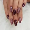 24Pcs Simple Wine Red Fake Nail with Glue Midlength Almond Press on False Nails Wearable Round Head Oval Full Cover Tips 240420