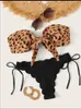 Strandbikini 2024 kvinna sexig front snörning tie bandeau leopard baddräkt kvinnlig push ruffled baddräkt dräkt thong badkläder 240416