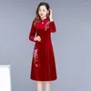 Casual Dresses Velvet Dress Chinese-style Embroidery Elegant Floral Embroidered A-line Warm Stylish For Prom Or Evening Parties